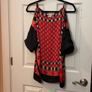 Pink, red and black satin short sleeve blouse